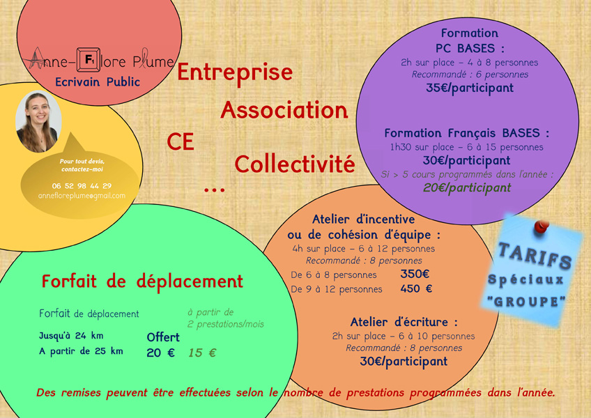 Tarifs pour les groupes : Entreprise, Association, Collectivité etc.